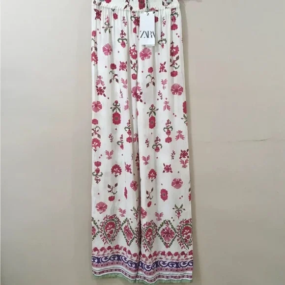 NWT! ZARA Palazzo Pajama Style Paisley Pull On Pants Cream Red - Size XS - Picture 2 of 6